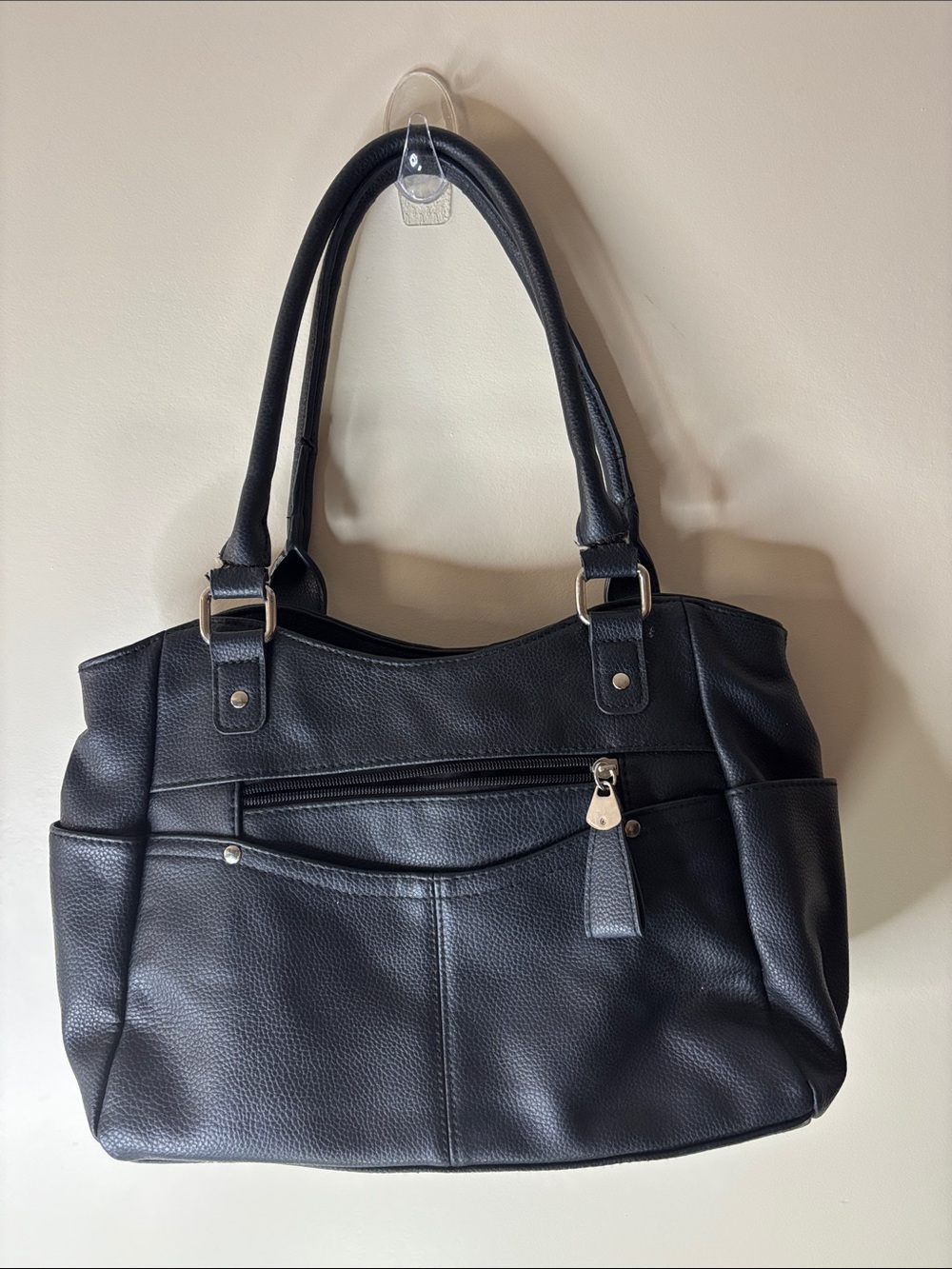Classic Black Pebbled Shoulder Bag with Front Zip